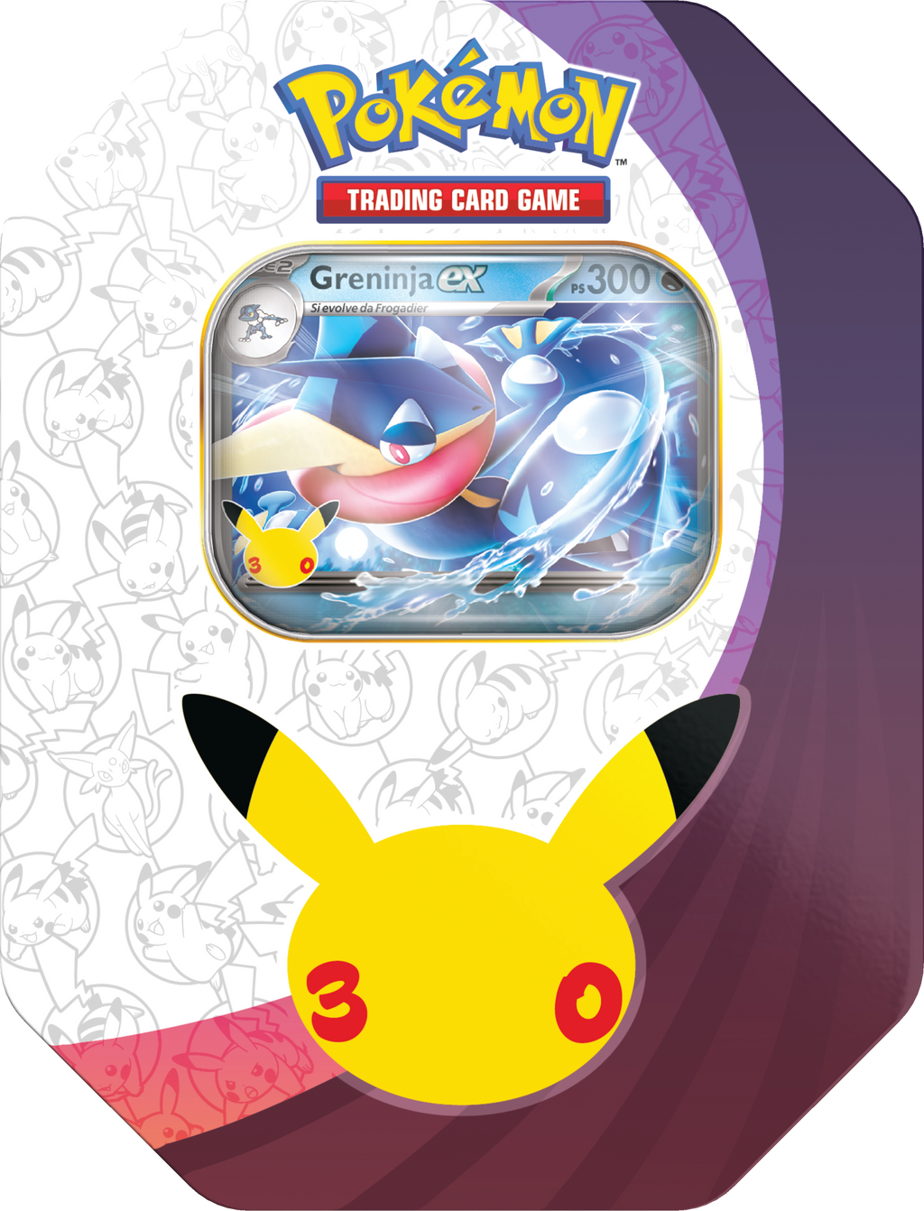 Tin Greninja-ex Pokémon GCC 30° Anniversario in italiano, con carta promozionale e quattro buste