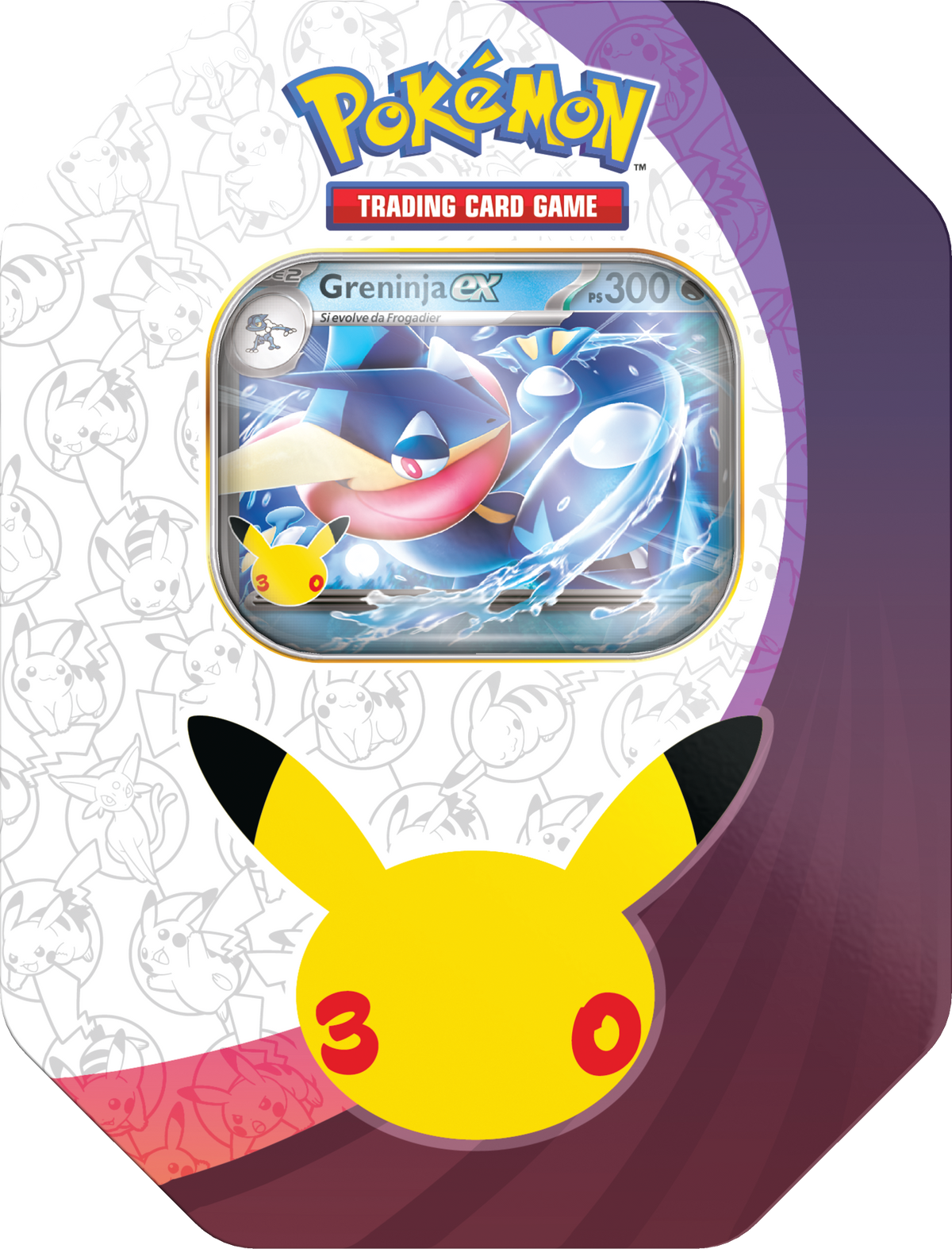Tin Greninja-ex Pokémon GCC 30° Anniversario in italiano, con carta promozionale e quattro buste
