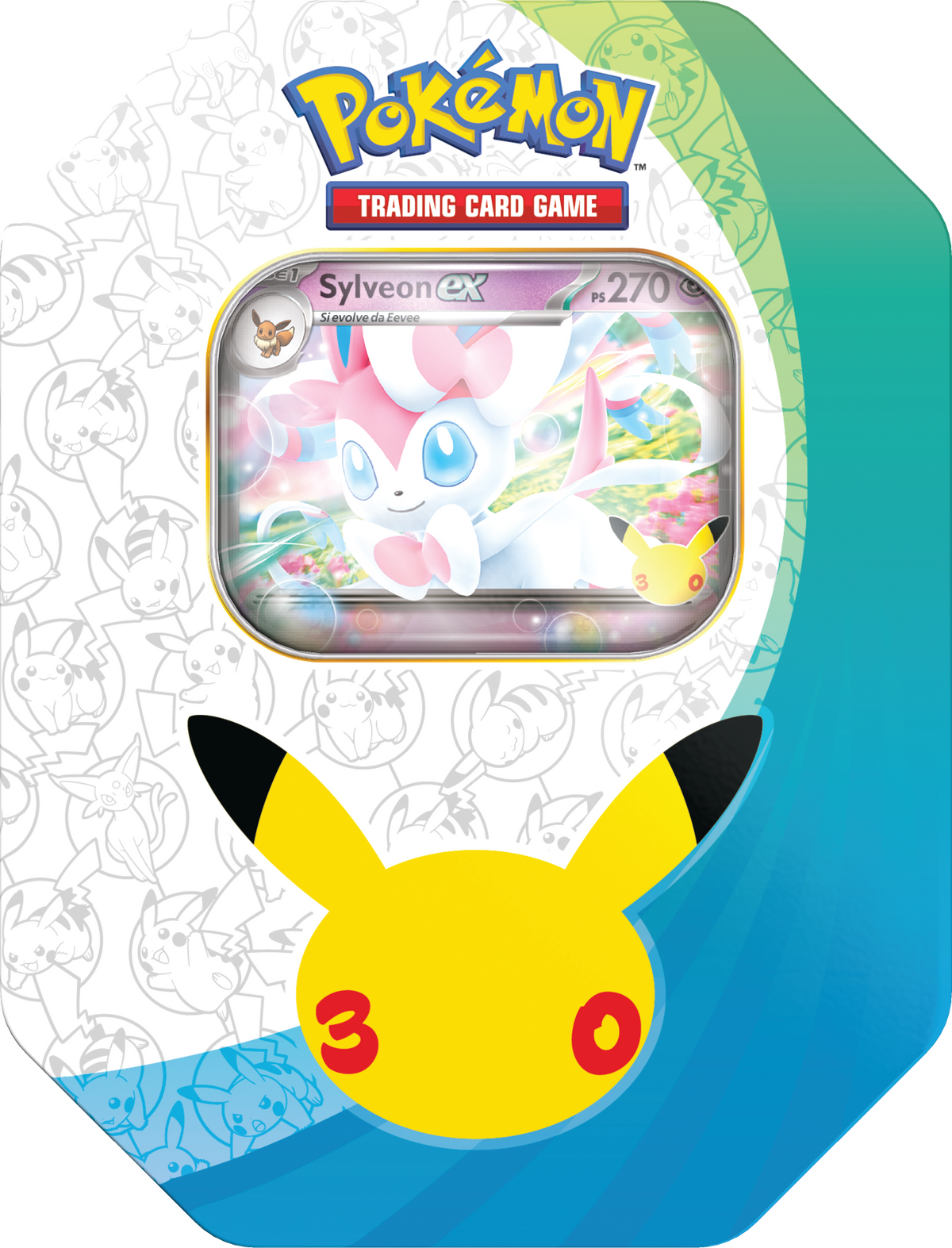 Tin Sylveon-ex Pokémon GCC 30° Anniversario in italiano, con carta promozionale e quattro buste